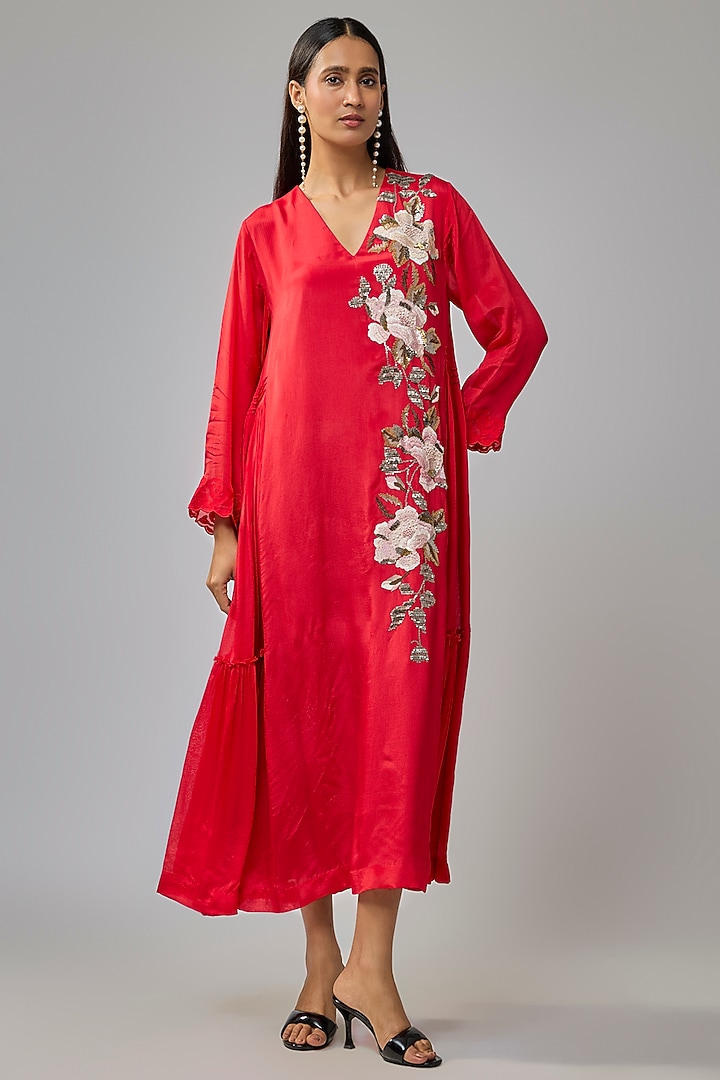 Red Crepe Chiffon Hand Embroidered Panel Vacation Dress by Half Full Curve at Pernia's Pop Up Shop