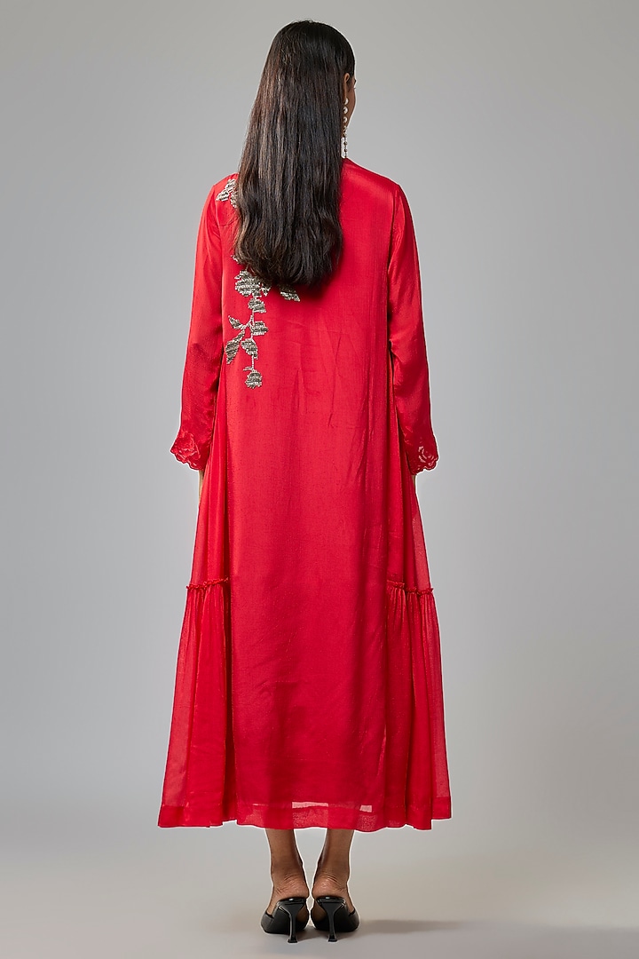 Red Crepe Chiffon Hand Embroidered Panel Vacation Dress by Half Full Curve at Pernia's Pop Up Shop