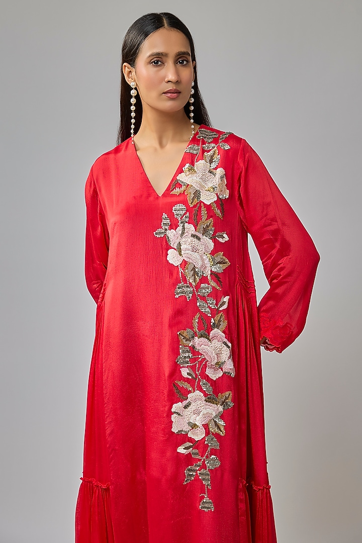 Red Crepe Chiffon Hand Embroidered Panel Vacation Dress by Half Full Curve at Pernia's Pop Up Shop