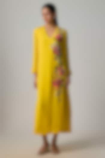 Yellow Crepe Chiffon Embroidered Tunic by Half Full Curve at Pernia's Pop Up Shop