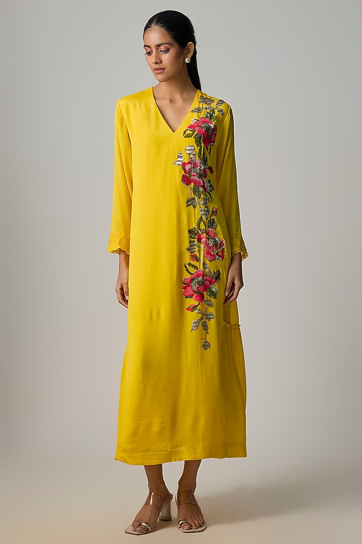 Yellow Crepe Chiffon Embroidered Tunic by Half Full Curve at Pernia's Pop Up Shop