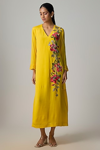 Yellow Crepe Chiffon Embroidered Tunic by Half Full Curve