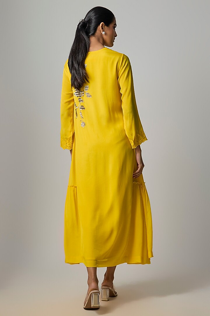 Yellow Crepe Chiffon Embroidered Tunic by Half Full Curve at Pernia's Pop Up Shop