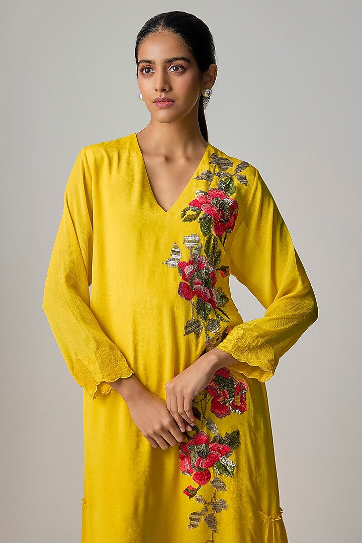 Yellow Crepe Chiffon Embroidered Tunic by Half Full Curve at Pernia's Pop Up Shop