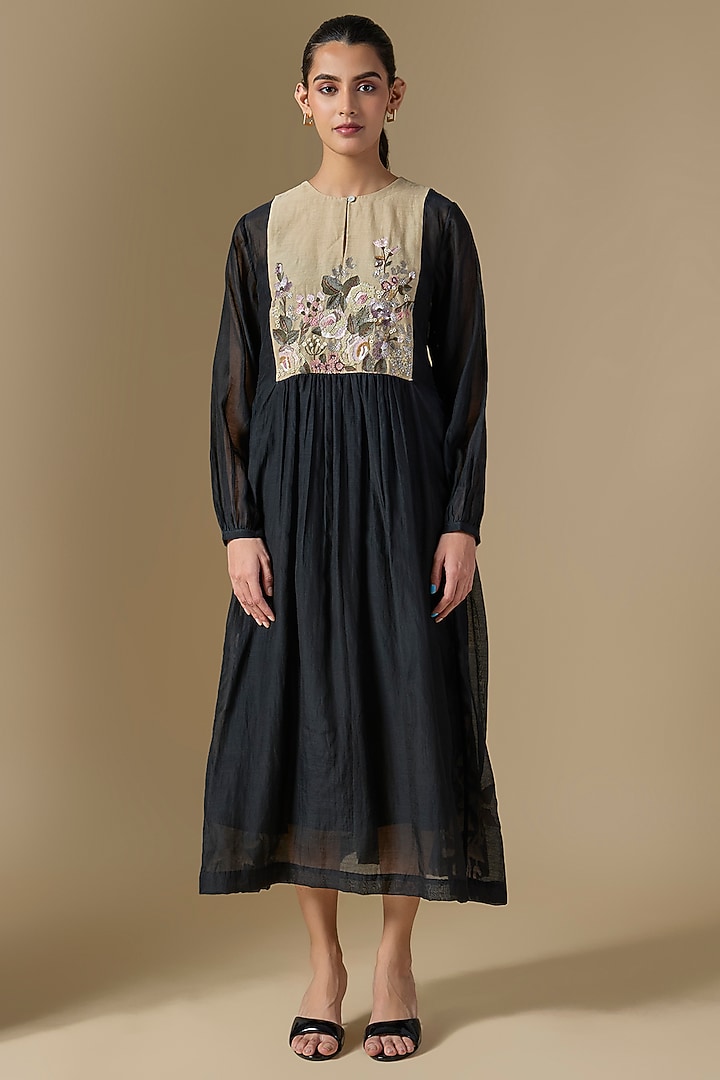 Black Fine Chanderi Hand Embroidered Vacation Dress by Half Full Curve at Pernia's Pop Up Shop