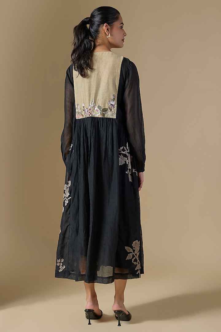 Black Fine Chanderi Hand Embroidered Vacation Dress by Half Full Curve at Pernia's Pop Up Shop
