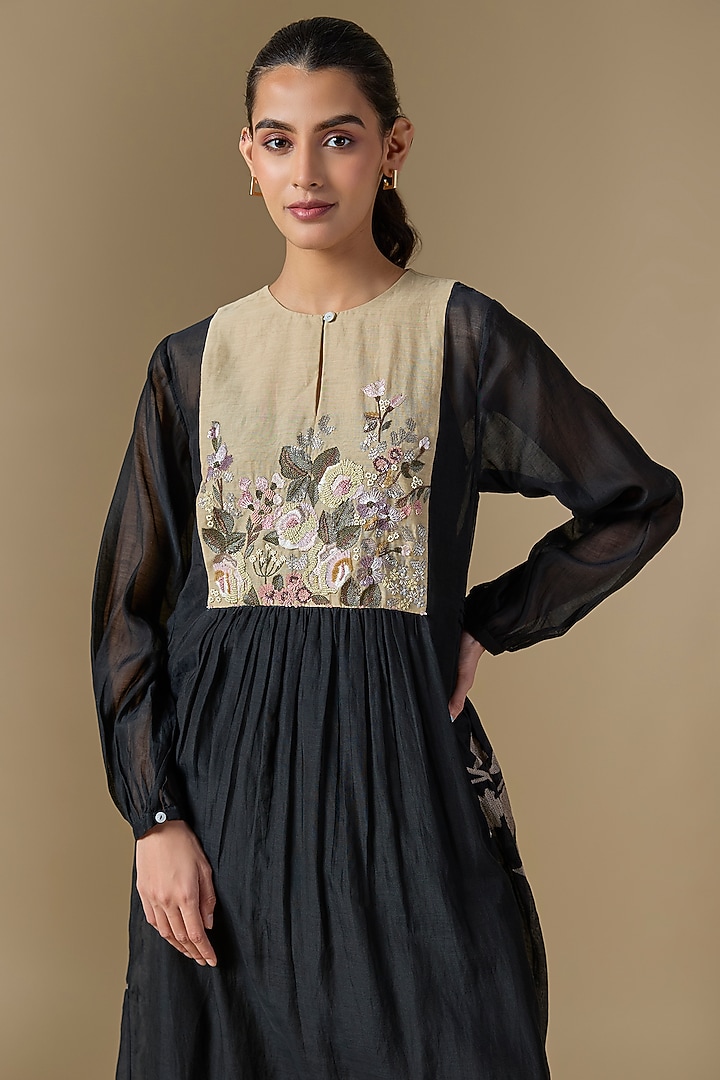 Black Fine Chanderi Hand Embroidered Vacation Dress by Half Full Curve at Pernia's Pop Up Shop