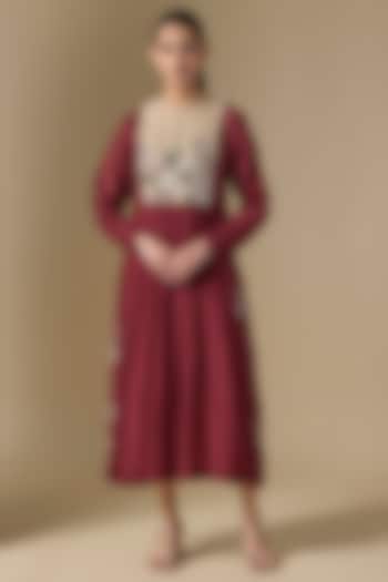 Red Fine Chanderi Hand Embroidered Vacation Dress by Half Full Curve at Pernia's Pop Up Shop