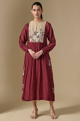Red Fine Chanderi Hand Embroidered Dress by Half Full Curve
