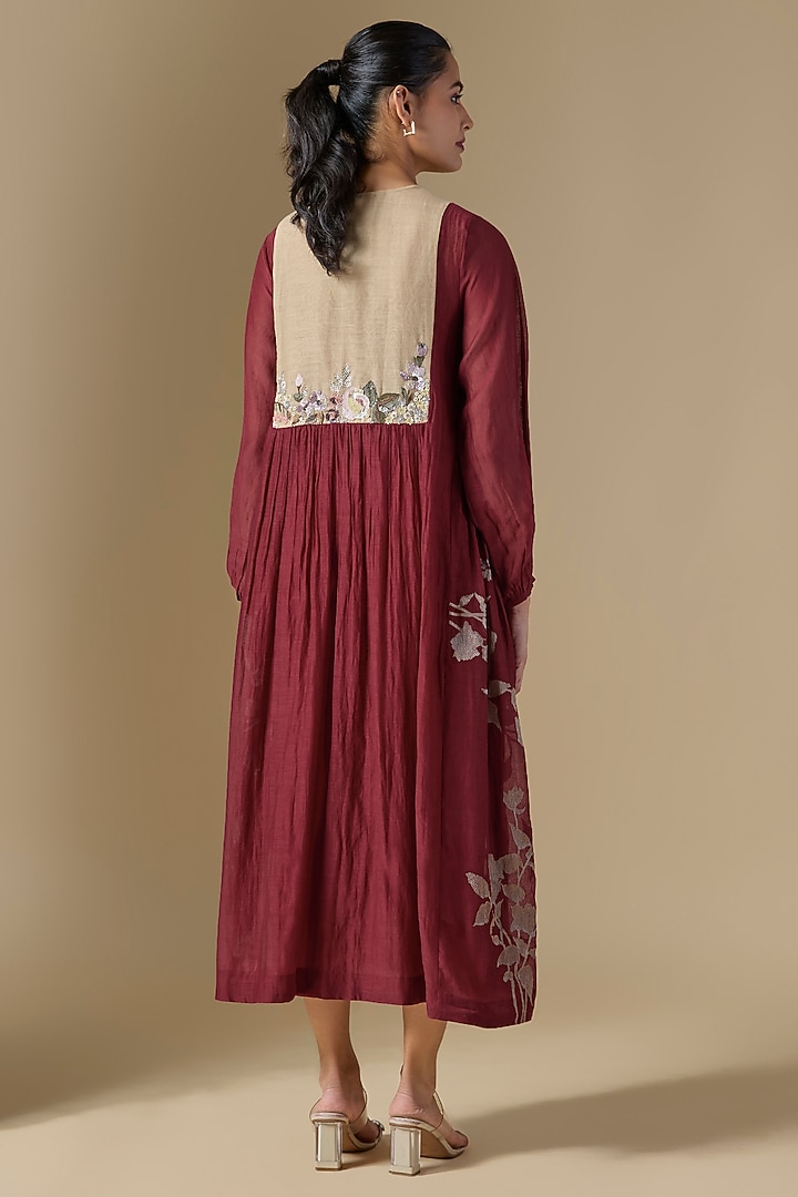 Red Fine Chanderi Hand Embroidered Vacation Dress by Half Full Curve at Pernia's Pop Up Shop