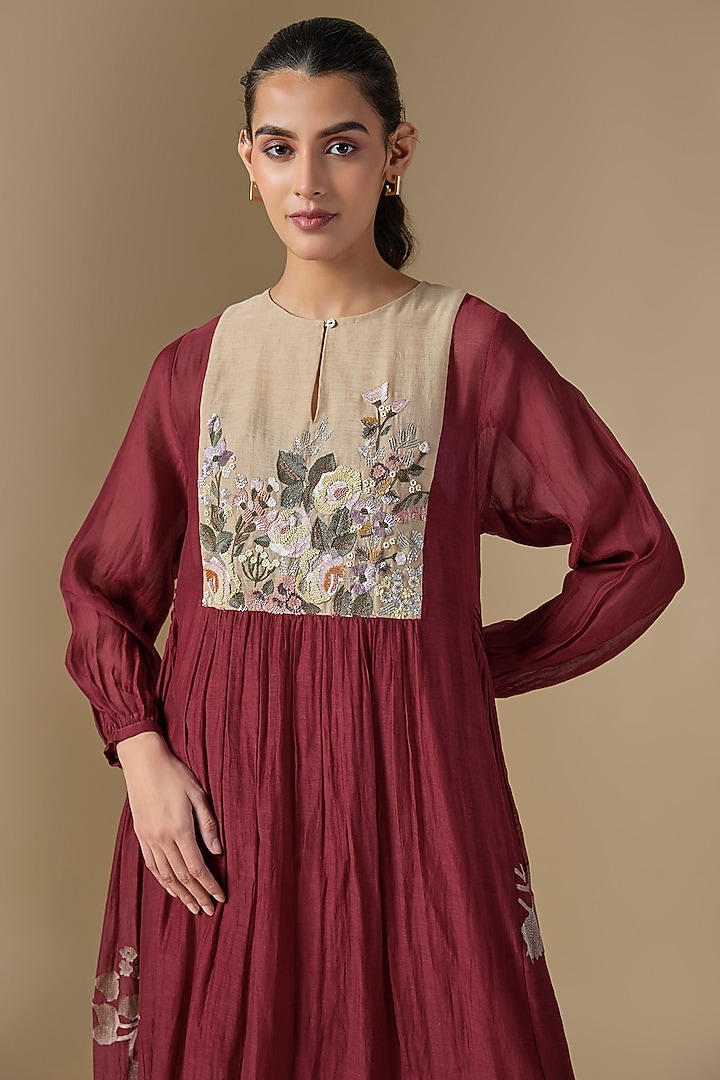 Red Fine Chanderi Hand Embroidered Vacation Dress by Half Full Curve at Pernia's Pop Up Shop