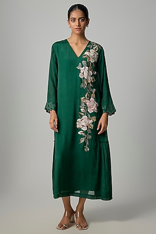 Green Crepe Chiffon Embroidered Tunic by Half Full Curve