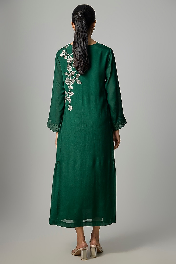Green Crepe Chiffon Embroidered Tunic by Half Full Curve at Pernia's Pop Up Shop