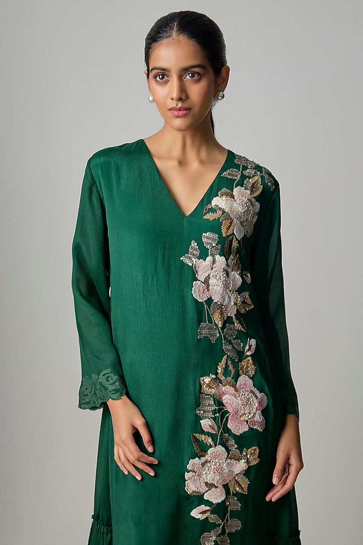 Green Crepe Chiffon Embroidered Tunic by Half Full Curve at Pernia's Pop Up Shop