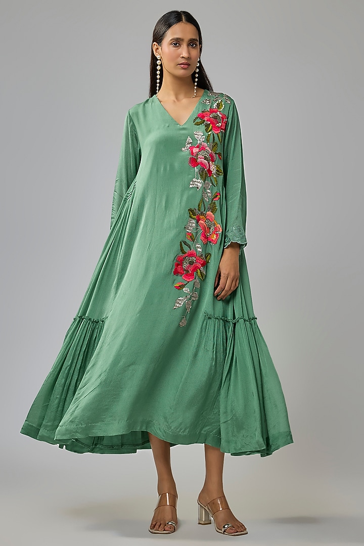 Blue Crepe Chiffon Hand Embroidered Panel Vacation Dress by Half Full Curve at Pernia's Pop Up Shop