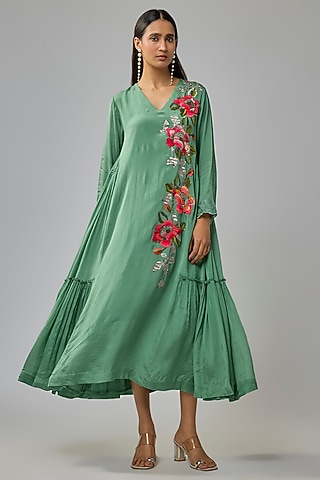 Blue Crepe Chiffon Hand Embroidered Panel Dress by Half Full Curve