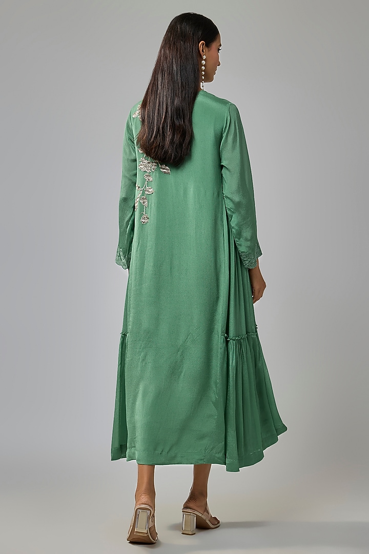 Blue Crepe Chiffon Hand Embroidered Panel Vacation Dress by Half Full Curve at Pernia's Pop Up Shop