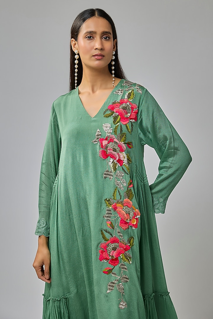 Blue Crepe Chiffon Hand Embroidered Panel Vacation Dress by Half Full Curve at Pernia's Pop Up Shop