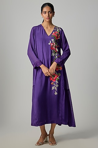 Purple Crepe Chiffon Embroidered Tunic by Half Full Curve
