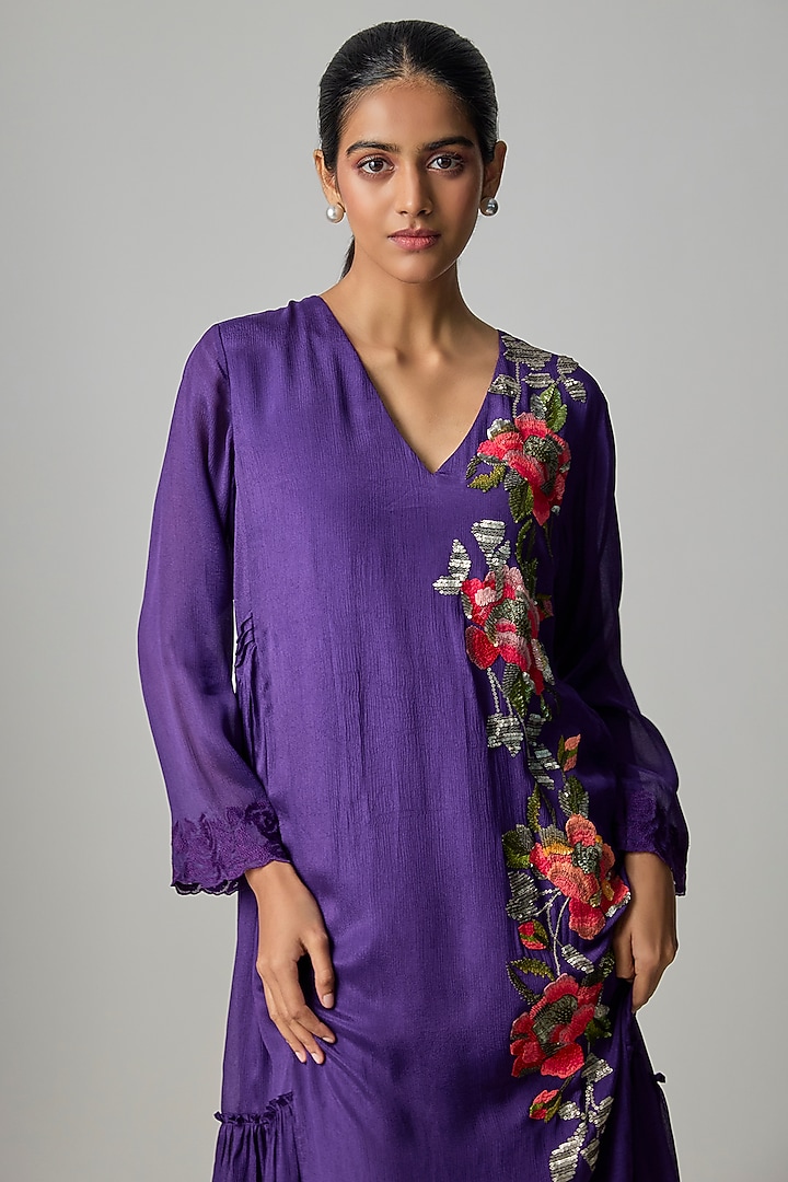 Purple Crepe Chiffon Embroidered Tunic by Half Full Curve at Pernia's Pop Up Shop