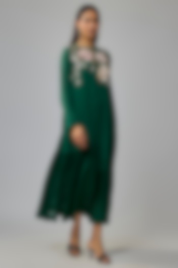 Green Crepe Chiffon Hand Embroidered Flapper Vacation Dress by Half Full Curve at Pernia's Pop Up Shop