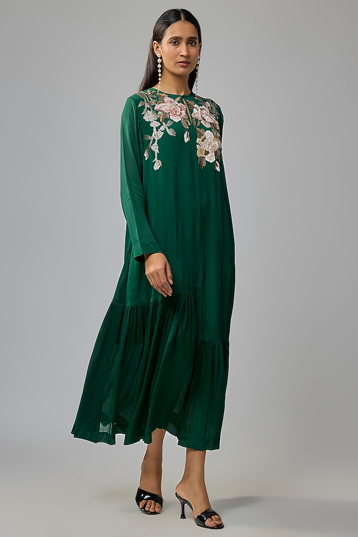 Green Crepe Chiffon Hand Embroidered Flapper Vacation Dress by Half Full Curve at Pernia's Pop Up Shop