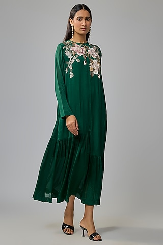 Green Crepe Chiffon Hand Embroidered Flapper Dress by Half Full Curve