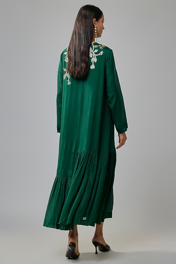 Green Crepe Chiffon Hand Embroidered Flapper Vacation Dress by Half Full Curve at Pernia's Pop Up Shop
