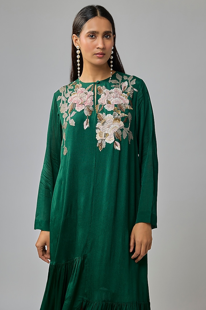 Green Crepe Chiffon Hand Embroidered Flapper Vacation Dress by Half Full Curve at Pernia's Pop Up Shop