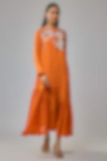 Orange Crepe Chiffon Hand Embroidered Flapper Vacation Dress by Half Full Curve at Pernia's Pop Up Shop