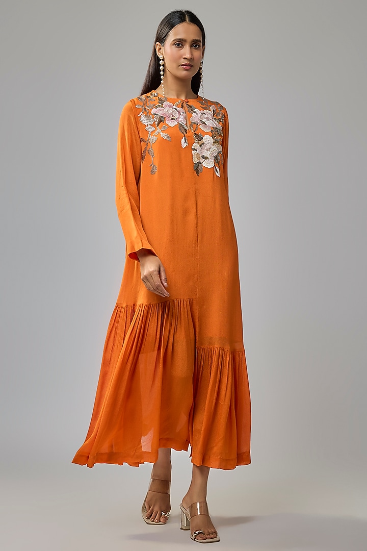 Orange Crepe Chiffon Hand Embroidered Flapper Vacation Dress by Half Full Curve at Pernia's Pop Up Shop