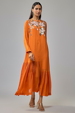 Orange Crepe Chiffon Hand Embroidered Flapper Dress by Half Full Curve