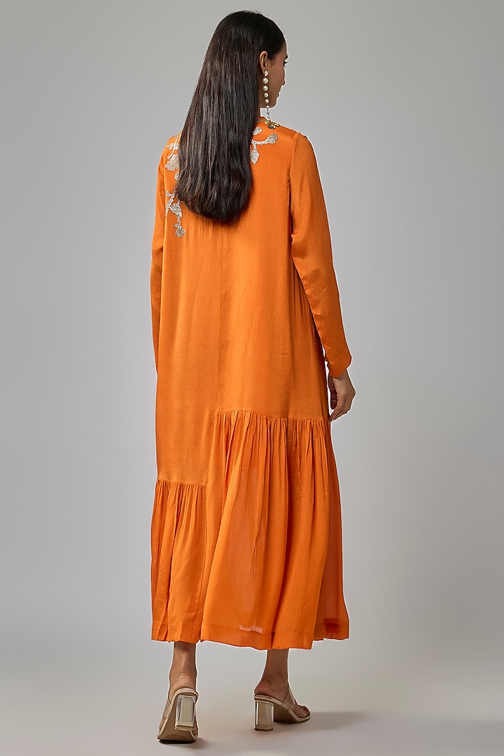 Orange Crepe Chiffon Hand Embroidered Flapper Vacation Dress by Half Full Curve at Pernia's Pop Up Shop