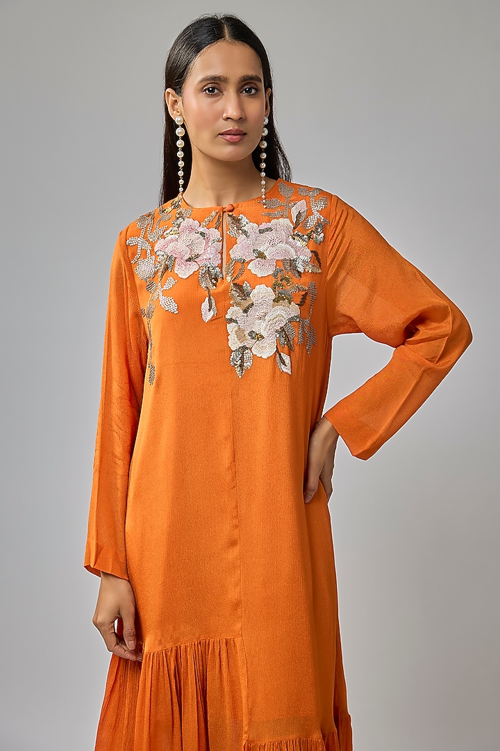 Orange Crepe Chiffon Hand Embroidered Flapper Vacation Dress by Half Full Curve at Pernia's Pop Up Shop