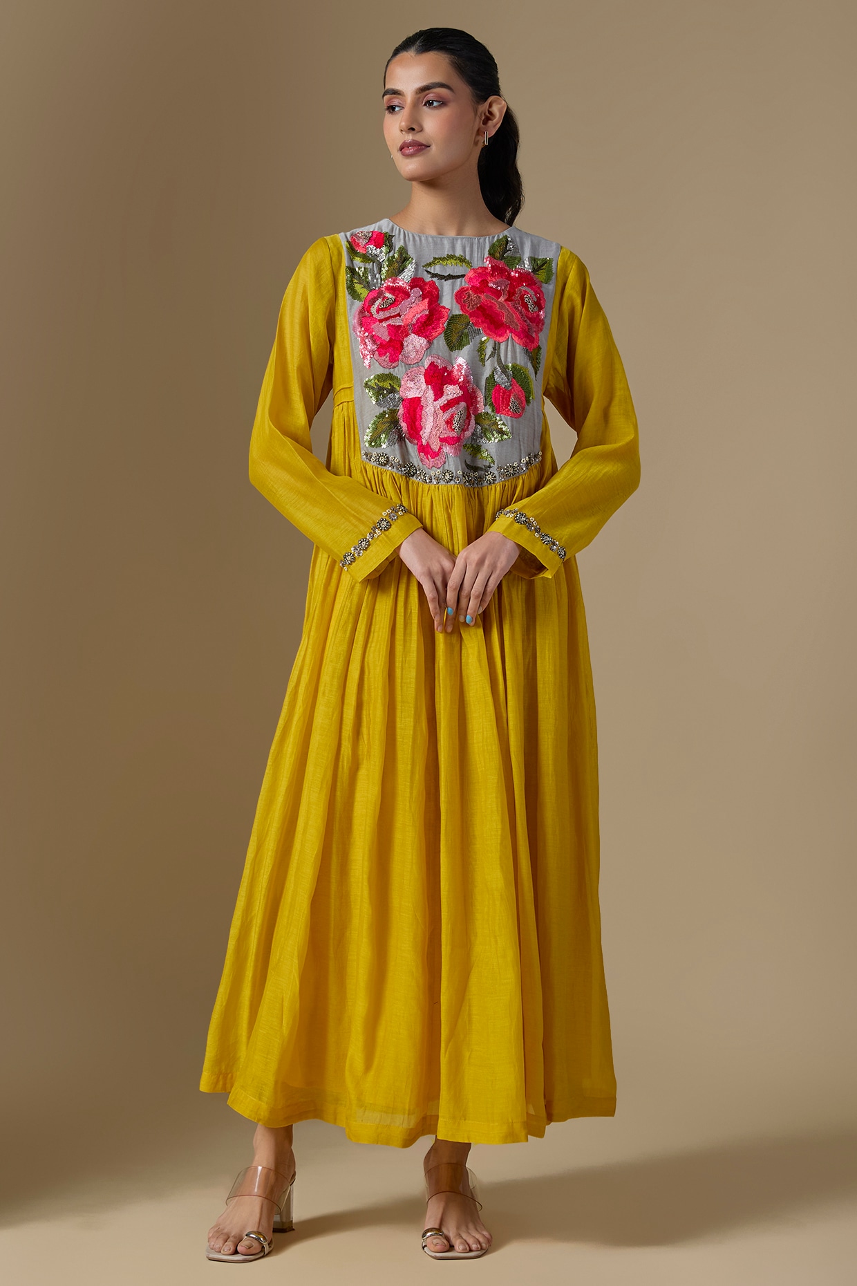 Half Full Curve Yellow Fine Chanderi Hand Embroidered Anarkali