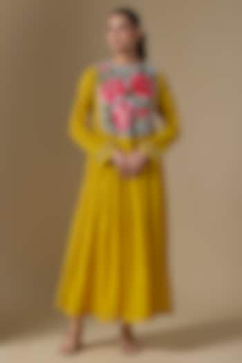 Yellow Fine Chanderi Hand Embroidered Wedding Anarkali by Half Full Curve at Pernia's Pop Up Shop
