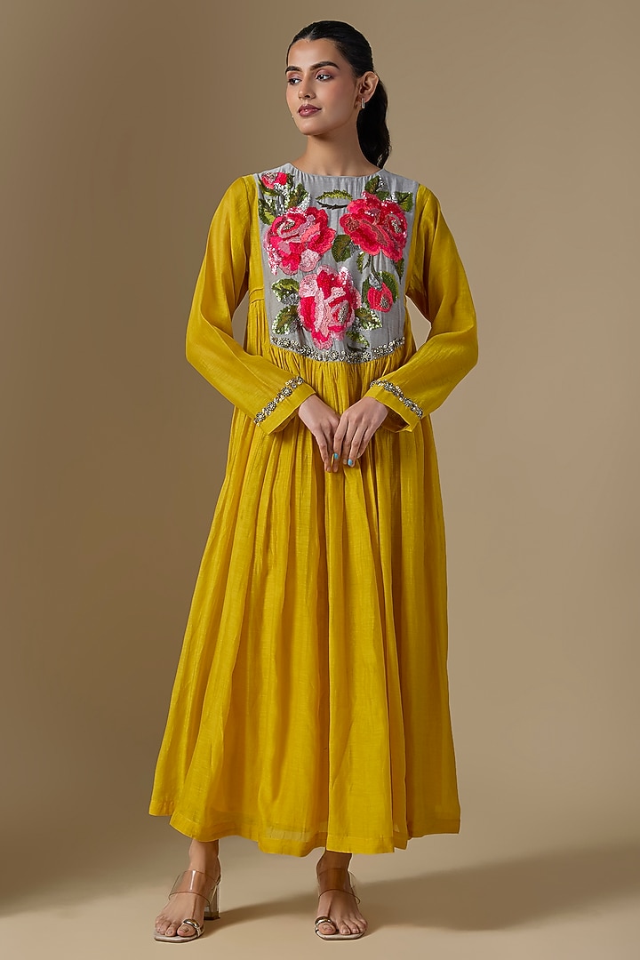 Yellow Fine Chanderi Hand Embroidered Wedding Anarkali by Half Full Curve at Pernia's Pop Up Shop