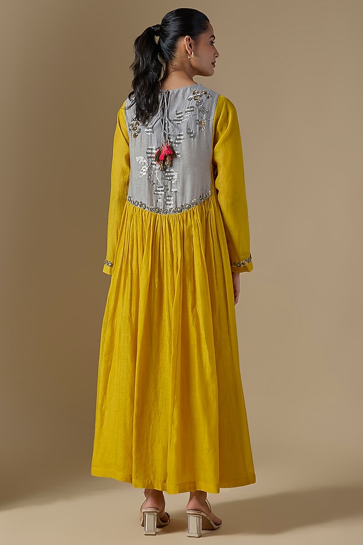 Yellow Fine Chanderi Hand Embroidered Wedding Anarkali by Half Full Curve at Pernia's Pop Up Shop