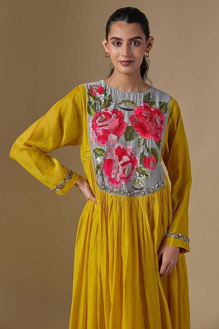 Yellow Fine Chanderi Hand Embroidered Wedding Anarkali by Half Full Curve at Pernia's Pop Up Shop