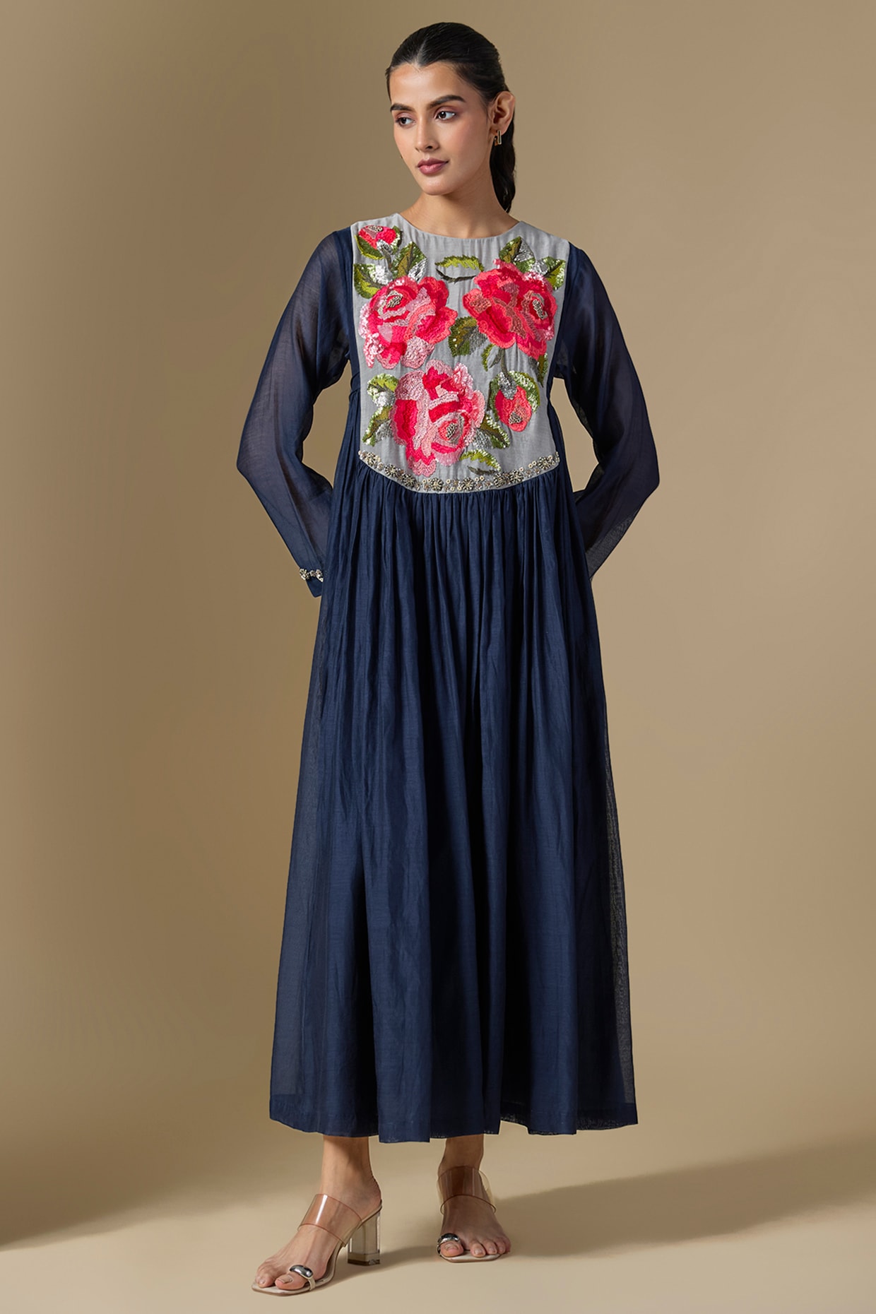 Half Full Curve Blue Fine Chanderi Hand Embroidered Anarkali