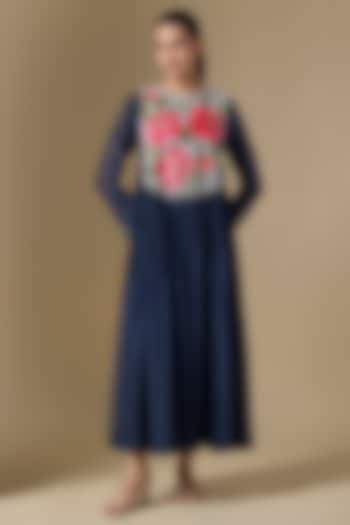 Blue Fine Chanderi Hand Embroidered Wedding Anarkali by Half Full Curve at Pernia's Pop Up Shop