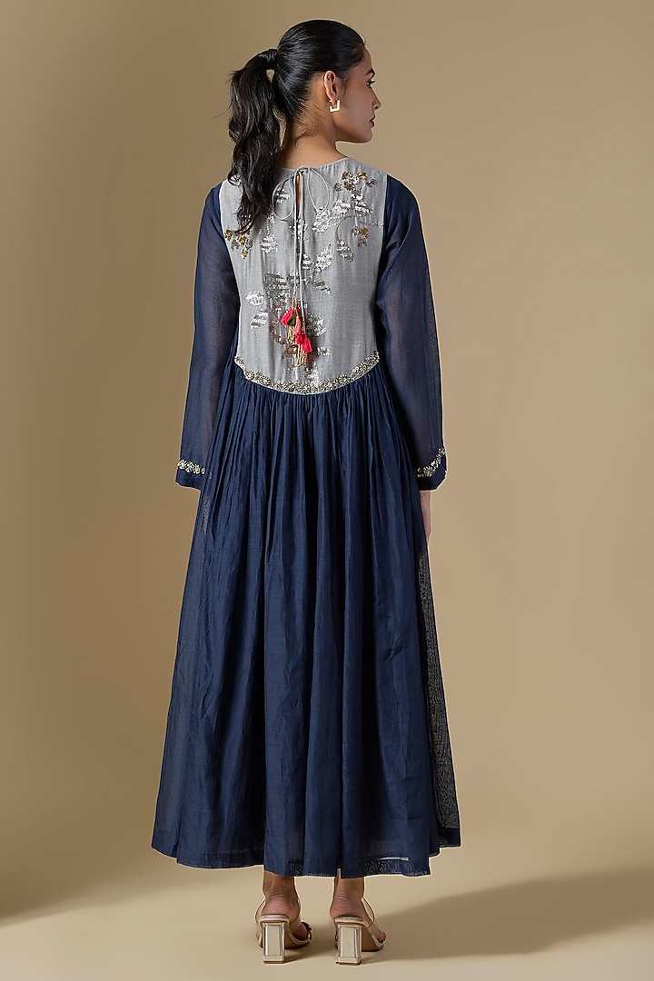Blue Fine Chanderi Hand Embroidered Wedding Anarkali by Half Full Curve at Pernia's Pop Up Shop