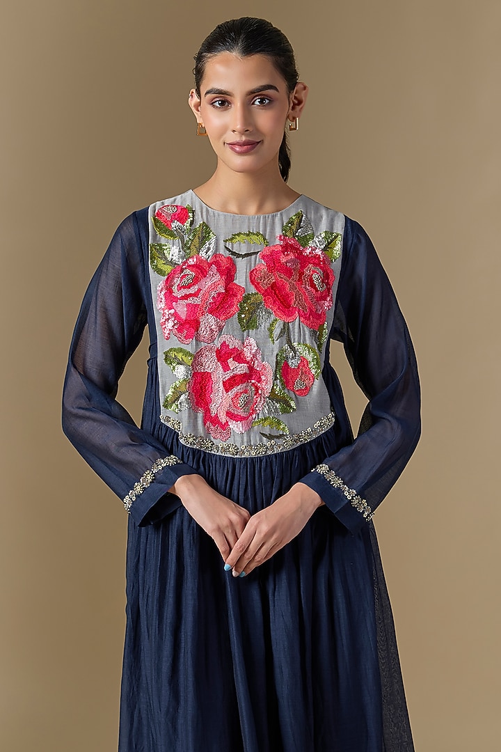 Blue Fine Chanderi Hand Embroidered Wedding Anarkali by Half Full Curve at Pernia's Pop Up Shop