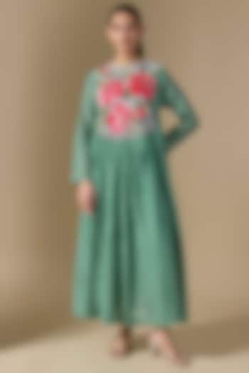 Blue Fine Chanderi Hand Embroidered Wedding Anarkali by Half Full Curve at Pernia's Pop Up Shop