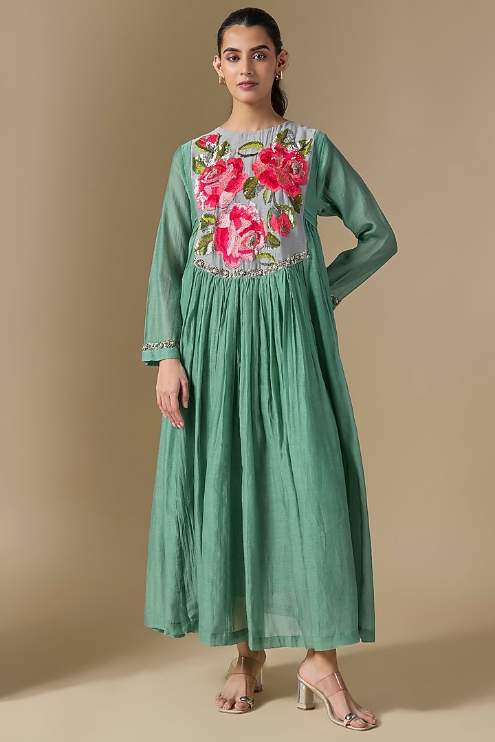 Blue Fine Chanderi Hand Embroidered Wedding Anarkali by Half Full Curve at Pernia's Pop Up Shop