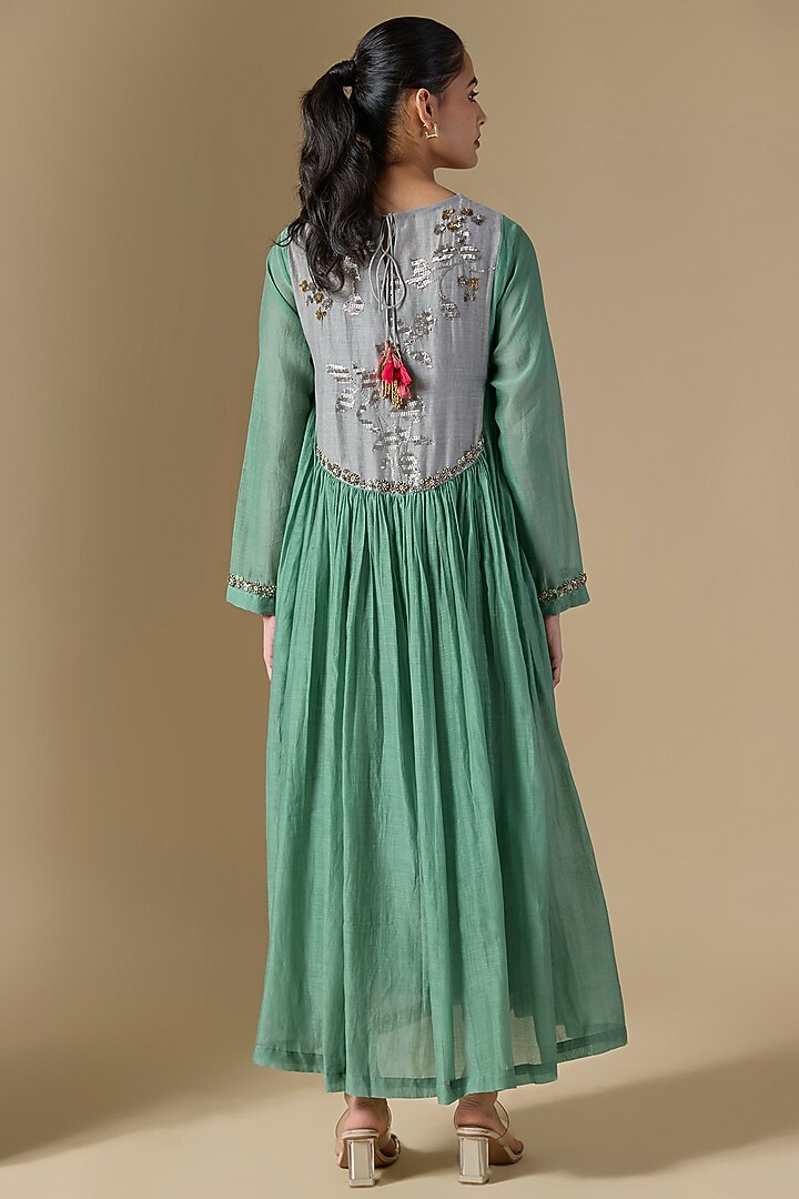Blue Fine Chanderi Hand Embroidered Wedding Anarkali by Half Full Curve at Pernia's Pop Up Shop