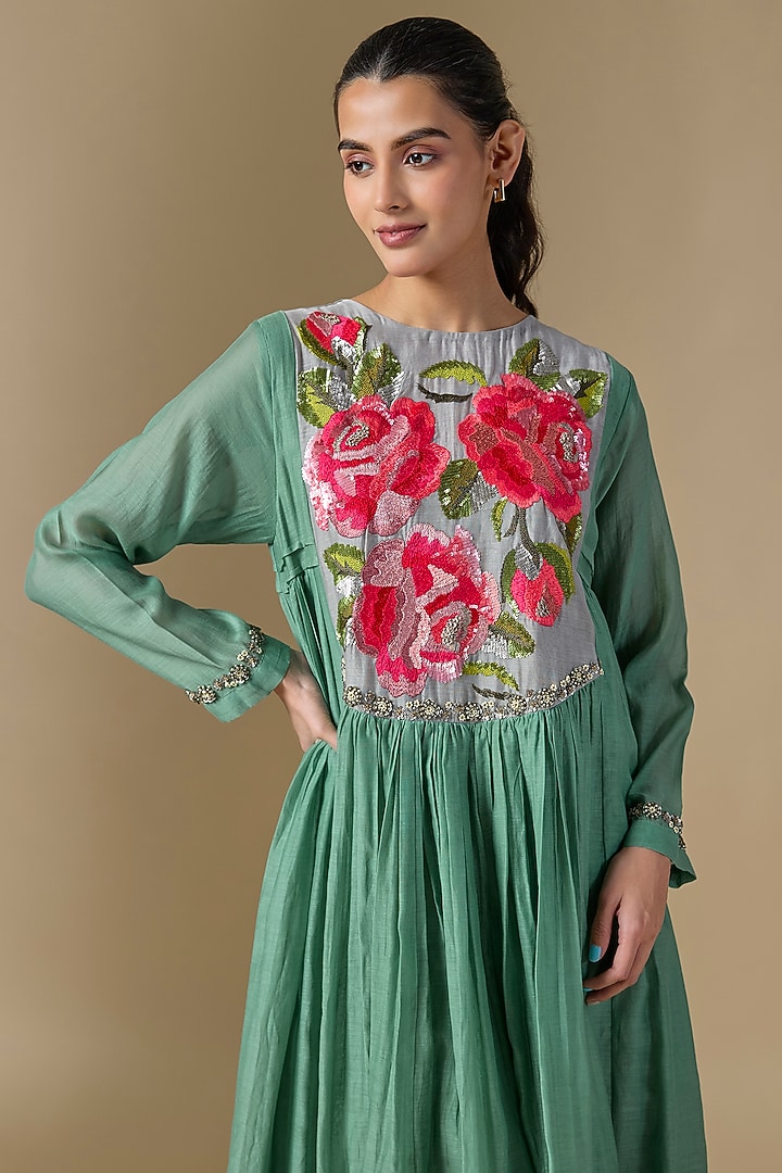 Blue Fine Chanderi Hand Embroidered Wedding Anarkali by Half Full Curve at Pernia's Pop Up Shop