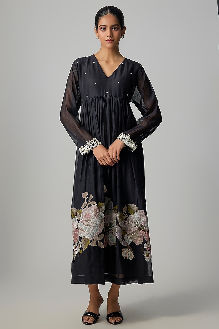 Black Fine Chanderi Embroidered Flared Tunic by Half Full Curve at Pernia's Pop Up Shop