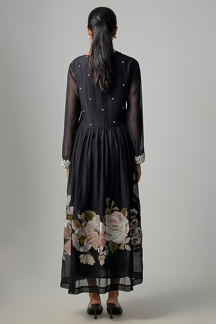 Black Fine Chanderi Embroidered Flared Tunic by Half Full Curve at Pernia's Pop Up Shop