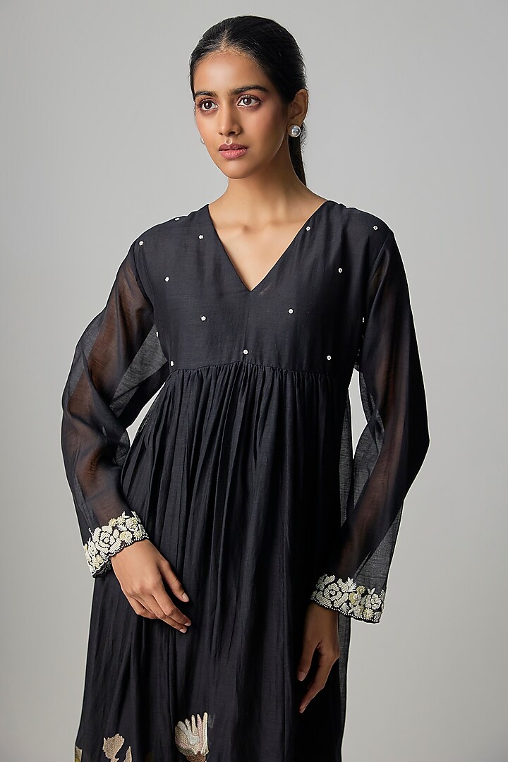 Black Fine Chanderi Embroidered Flared Tunic by Half Full Curve at Pernia's Pop Up Shop